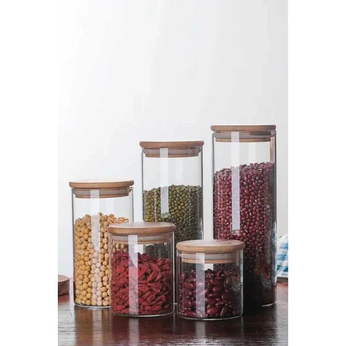 Donna - 3 Adet Bambu Vakum Kapaklı Borosilikat Cam Saklama Kabı 16 x 8,5 cm, Baharatlık 750 ml