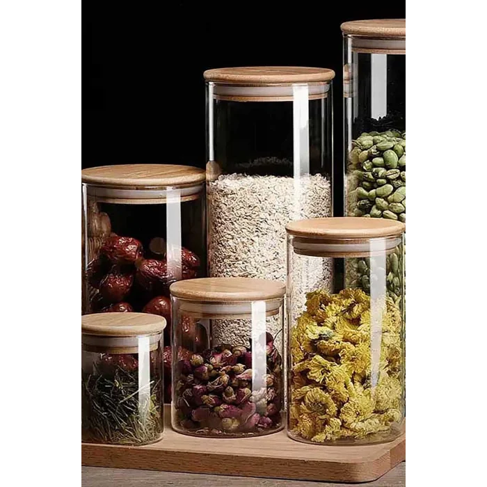 Donna - 3 Adet Bambu Vakum Kapaklı Borosilikat Cam Saklama Kabı 16 x 8,5 cm, Baharatlık 750 ml