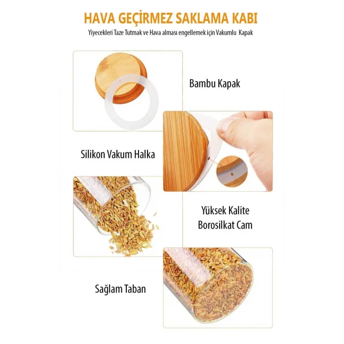 Donna - 3 Adet Bambu Vakum Kapaklı Borosilikat Cam Saklama Kabı 16 x 8,5 cm, Baharatlık 750 ml
