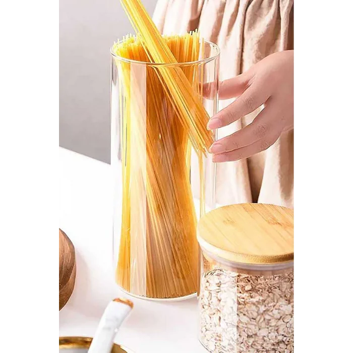 Donna - 3 Adet Bambu Vakum Kapaklı Borosilikat Cam Saklama Kabı 21 x 8,5 cm, Baharatlık 1.000 ml