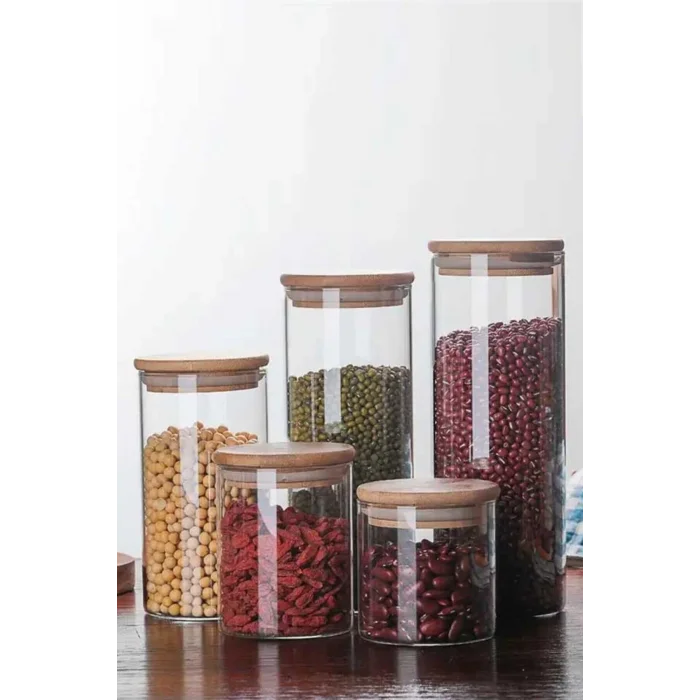 Donna - 3 Adet Bambu Vakum Kapaklı Borosilikat Cam Saklama Kabı 21 x 8,5 cm, Baharatlık 1.000 ml