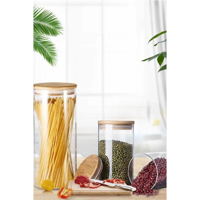 Donna - 3 Adet Bambu Vakum Kapaklı Borosilikat Cam Saklama Kabı 21 x 8,5 cm, Baharatlık 1.000 ml