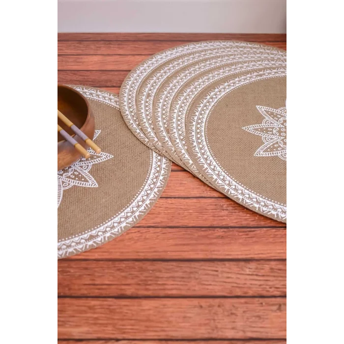 Ethnic - 6 Adet Jüt El Baskılı Yuvarlak Sofra Sunum Tabak Altlığı Supla Amerikan Servisi 38 Cm