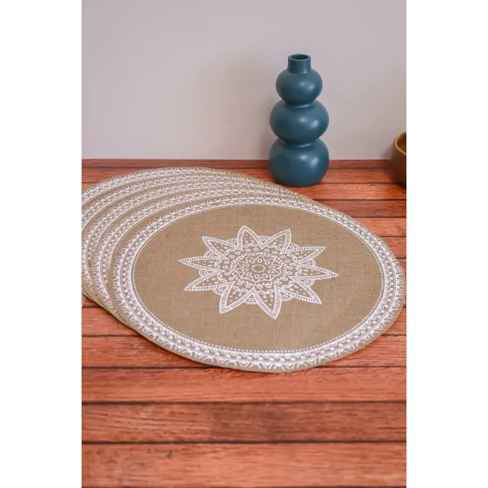 Ethnic - 6 Adet Jüt El Baskılı Yuvarlak Sofra Sunum Tabak Altlığı Supla Amerikan Servisi 38 Cm