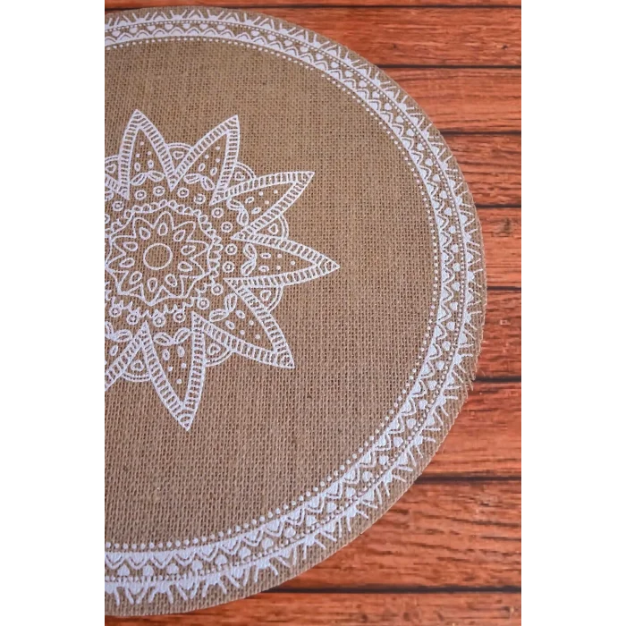 Ethnic - 6 Adet Jüt El Baskılı Yuvarlak Sofra Sunum Tabak Altlığı Supla Amerikan Servisi 38 Cm