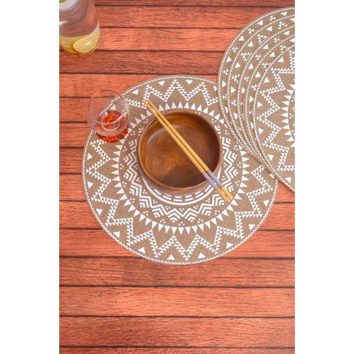 Ethnic - 6 Adet Jüt El Baskılı Yuvarlak Sofra Sunum Tabak Altlığı Supla Amerikan Servisi 38 Cm