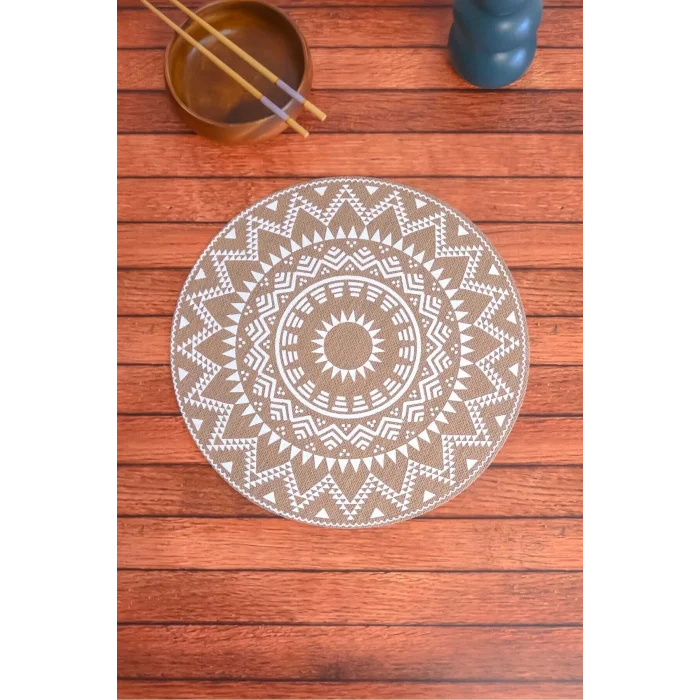 Ethnic - 6 Adet Jüt El Baskılı Yuvarlak Sofra Sunum Tabak Altlığı Supla Amerikan Servisi 38 Cm
