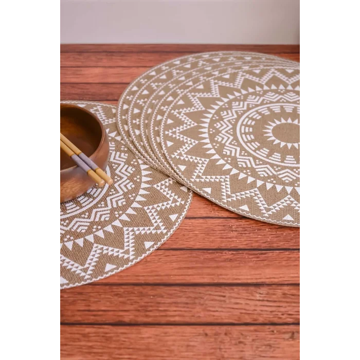 Ethnic - 6 Adet Jüt El Baskılı Yuvarlak Sofra Sunum Tabak Altlığı Supla Amerikan Servisi 38 Cm