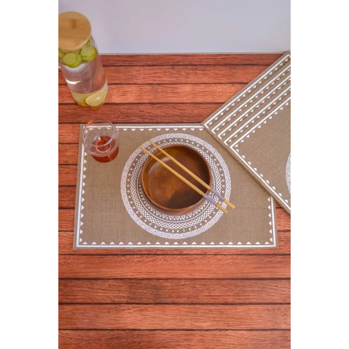Ethnic - 6 Adet Jüt El Baskılı Dikdörtgen Sofra Sunum Tabak Altlığı Supla Amerikan Servisi 45x30 Cm