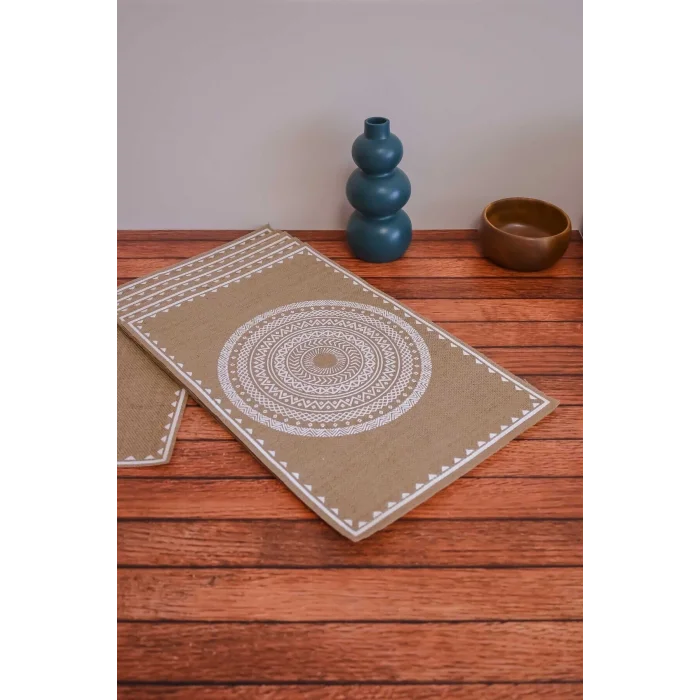 Ethnic - 6 Adet Jüt El Baskılı Dikdörtgen Sofra Sunum Tabak Altlığı Supla Amerikan Servisi 45x30 Cm