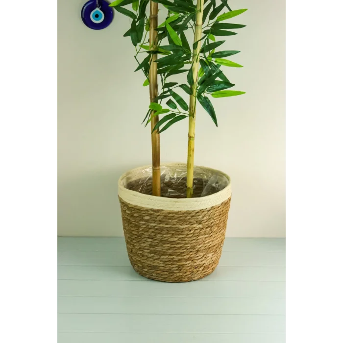 Natalie - Dekoratif Doğal El Örmesi Hasır Büyük Boy Şeritli Saksı Sepeti 31 Cm