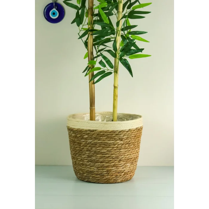 Natalie - Dekoratif Doğal El Örmesi Hasır Büyük Boy Şeritli Saksı Sepeti 31 Cm