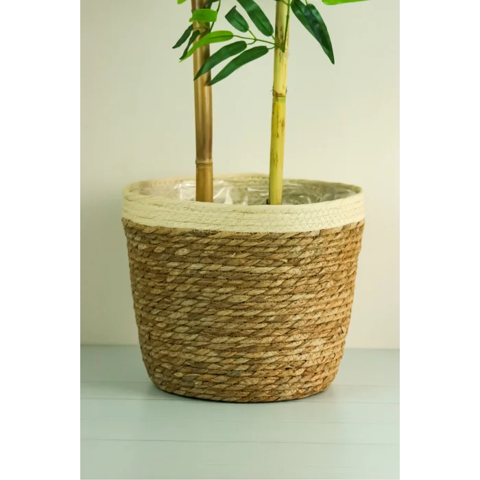 Natalie - Dekoratif Doğal El Örmesi Hasır Büyük Boy Şeritli Saksı Sepeti 31 Cm