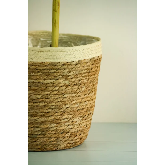 Natalie - Dekoratif Doğal El Örmesi Hasır Büyük Boy Şeritli Saksı Sepeti 31 Cm