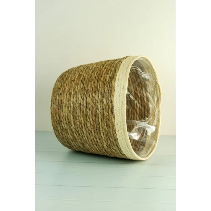 Natalie - Dekoratif Doğal El Örmesi Hasır Büyük Boy Şeritli Saksı Sepeti 31 Cm