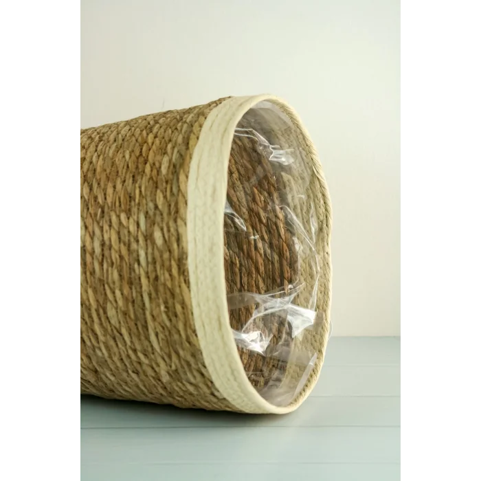 Natalie - Dekoratif Doğal El Örmesi Hasır Büyük Boy Şeritli Saksı Sepeti 31 Cm