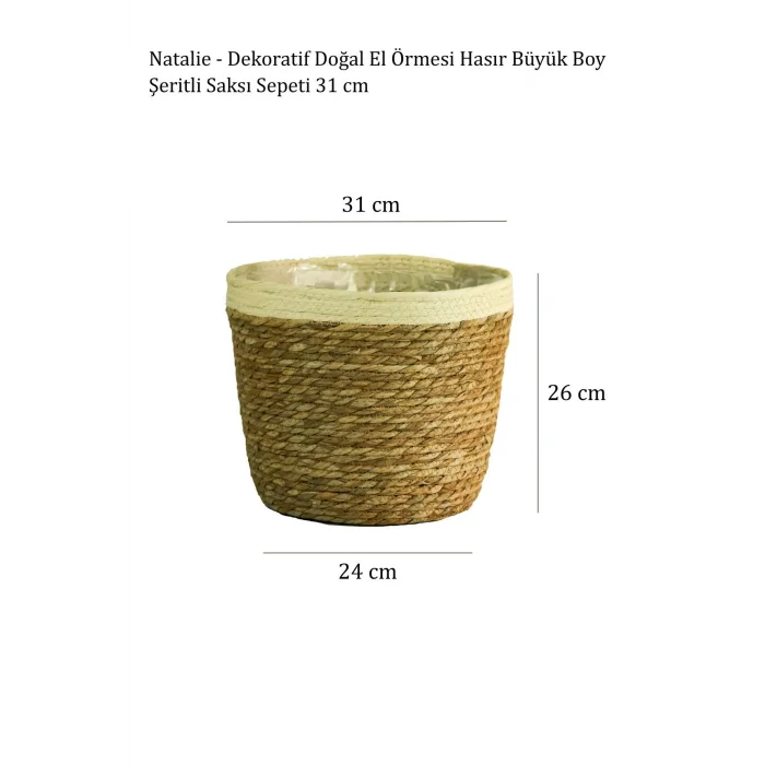 Natalie - Dekoratif Doğal El Örmesi Hasır Büyük Boy Şeritli Saksı Sepeti 31 Cm