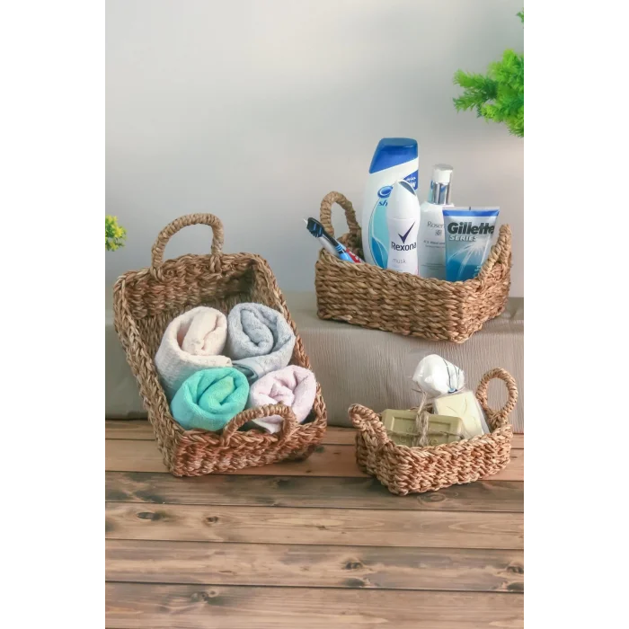 Gianna - Dekoratif Doğal El Örmesi Dikdörtgen Kulplu Hasır 3 Lü Sepet Seti, Banyo Organizer