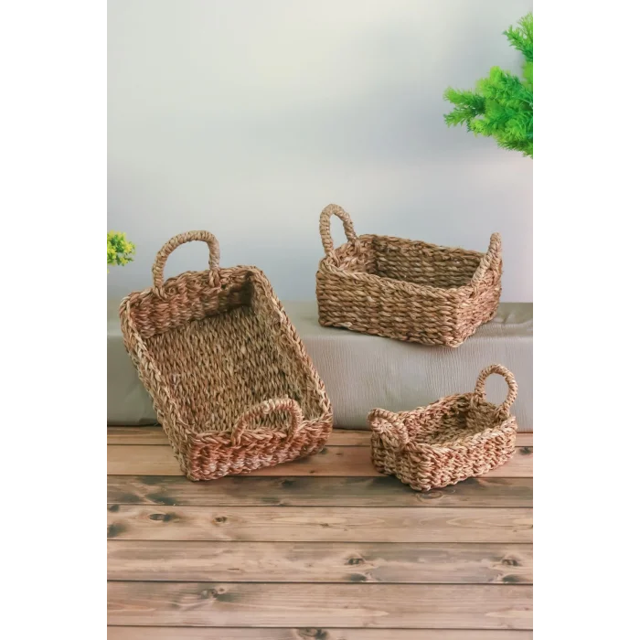 Gianna - Dekoratif Doğal El Örmesi Dikdörtgen Kulplu Hasır 3 Lü Sepet Seti, Banyo Organizer