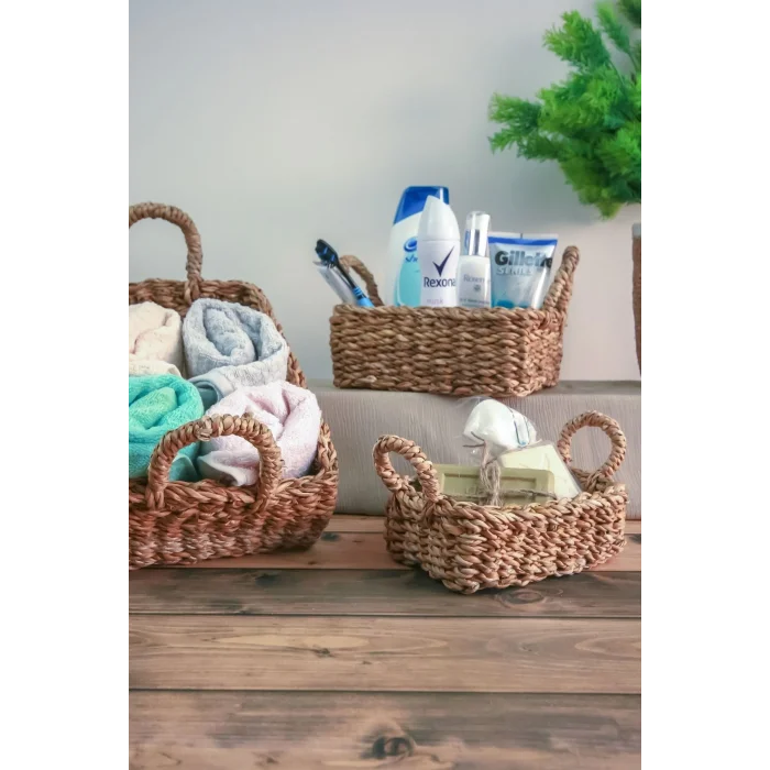 Gianna - Dekoratif Doğal El Örmesi Dikdörtgen Kulplu Hasır 3 Lü Sepet Seti, Banyo Organizer