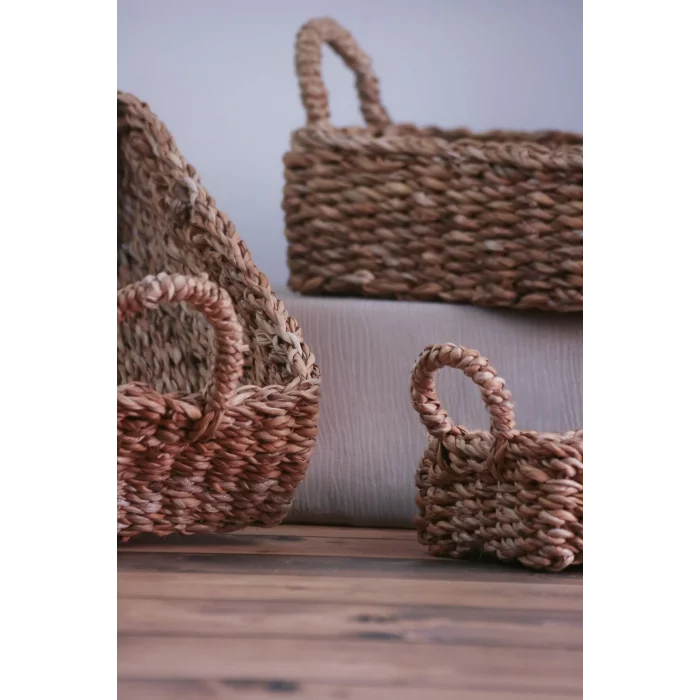 Gianna - Dekoratif Doğal El Örmesi Dikdörtgen Kulplu Hasır 3 Lü Sepet Seti, Banyo Organizer