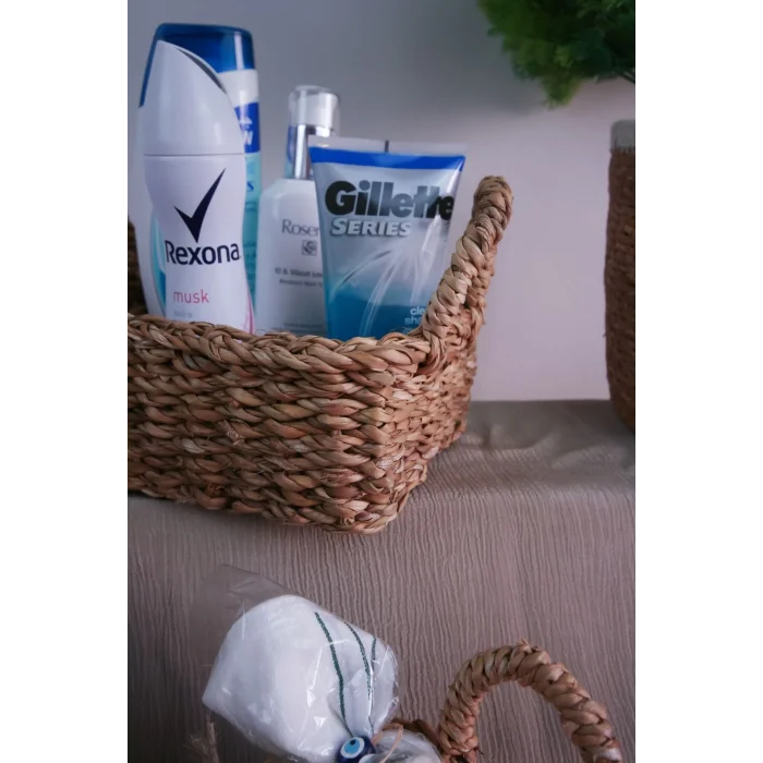 Gianna - Dekoratif Doğal El Örmesi Dikdörtgen Kulplu Hasır 3 Lü Sepet Seti, Banyo Organizer
