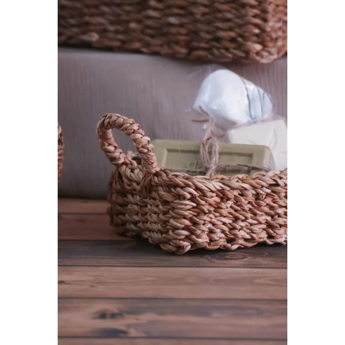 Gianna - Dekoratif Doğal El Örmesi Dikdörtgen Kulplu Hasır 3 Lü Sepet Seti, Banyo Organizer