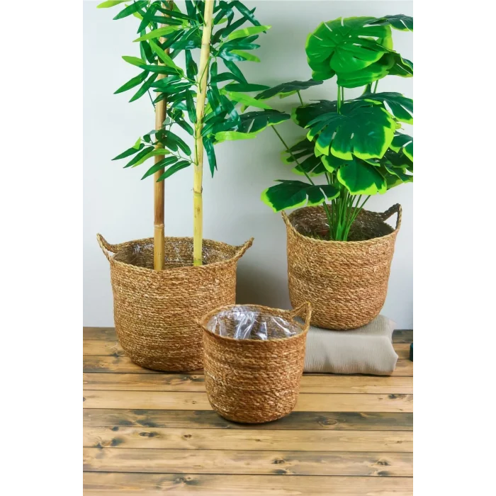 Colleen - Dekoratif Doğal El Örmesi Kulplu Hasır 3 Lü Saksı Sepet Seti