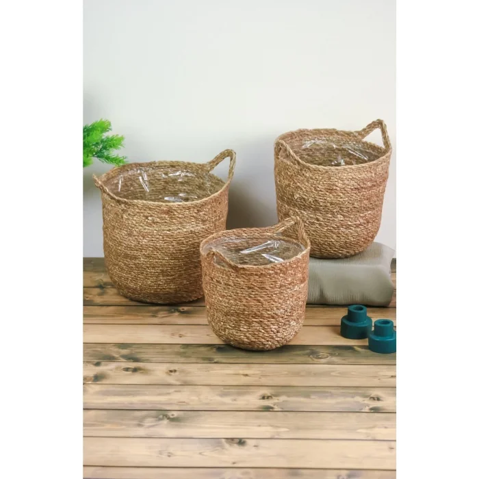 Colleen - Dekoratif Doğal El Örmesi Kulplu Hasır 3 Lü Saksı Sepet Seti