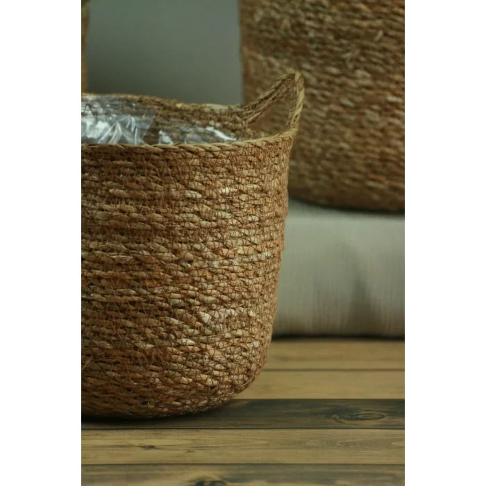 Colleen - Dekoratif Doğal El Örmesi Kulplu Hasır 3 Lü Saksı Sepet Seti