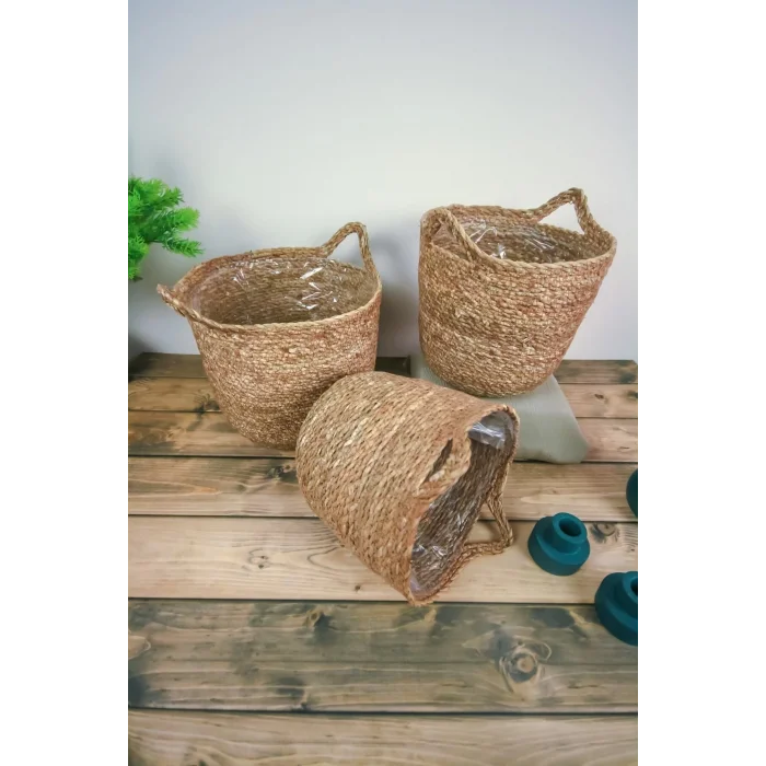 Colleen - Dekoratif Doğal El Örmesi Kulplu Hasır 3 Lü Saksı Sepet Seti