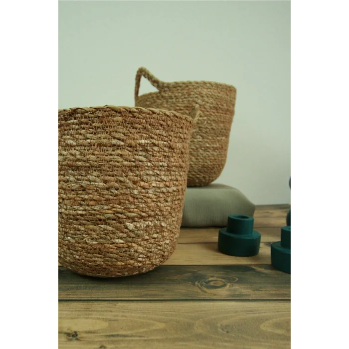Colleen - Dekoratif Doğal El Örmesi Kulplu Hasır 3 Lü Saksı Sepet Seti