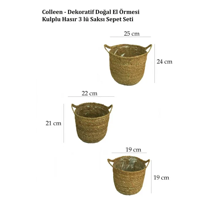 Colleen - Dekoratif Doğal El Örmesi Kulplu Hasır 3 Lü Saksı Sepet Seti