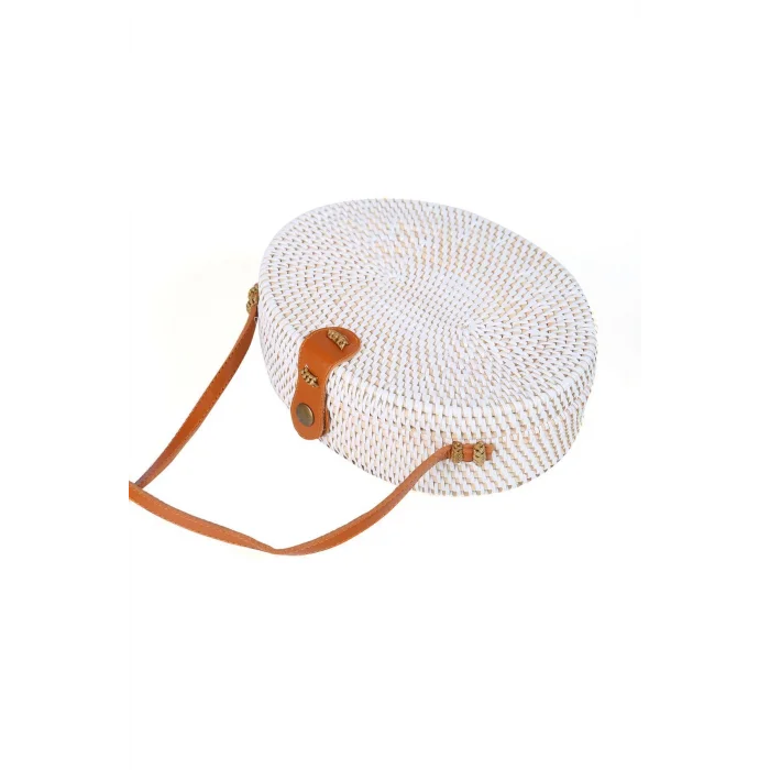 Fiona - Rattan El Yapımı Deri Askılı Hasır Oval Omuz Çantası Ekru
