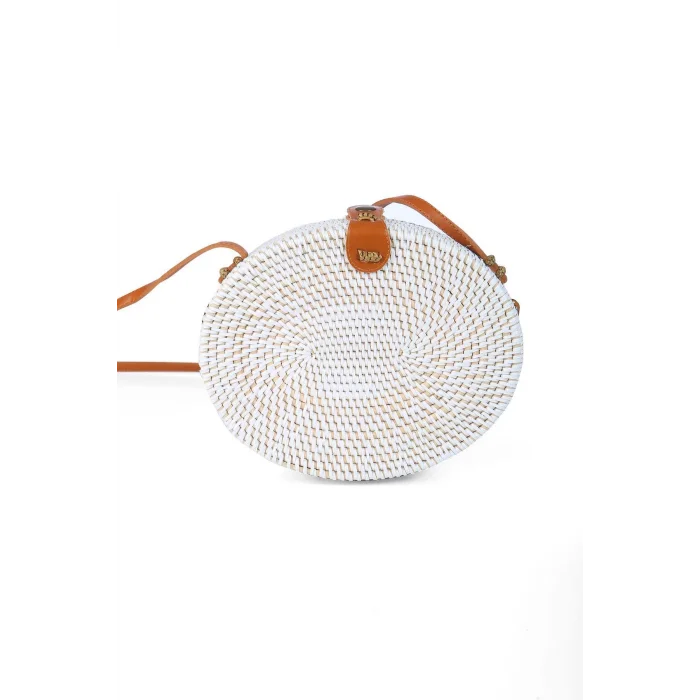 Fiona - Rattan El Yapımı Deri Askılı Hasır Oval Omuz Çantası Ekru