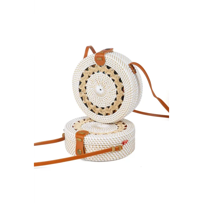 Daisy- Rattan El Yapımı Deri Askılı Hasır Yuvarlak Omuz Çantası Ekru Krem