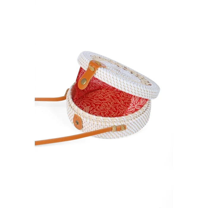 Daisy- Rattan El Yapımı Deri Askılı Hasır Yuvarlak Omuz Çantası Ekru Krem