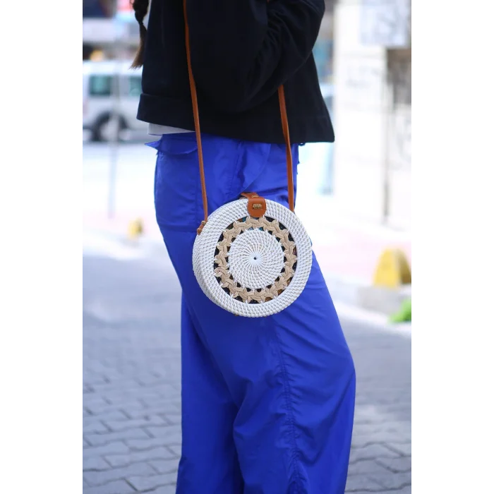 Daisy- Rattan El Yapımı Deri Askılı Hasır Yuvarlak Omuz Çantası Ekru Krem