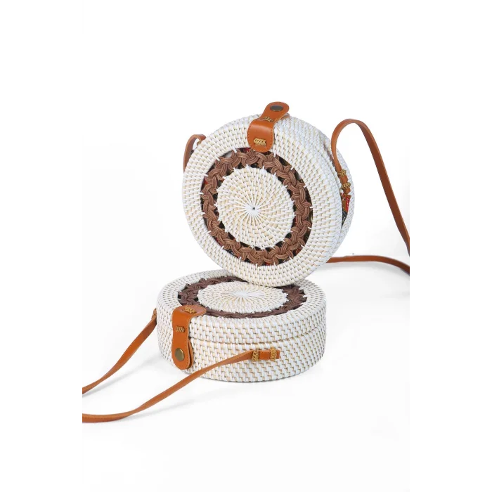 Daisy- Rattan El Yapımı Deri Askılı Hasır Yuvarlak Omuz Çantası Ekru Kahve