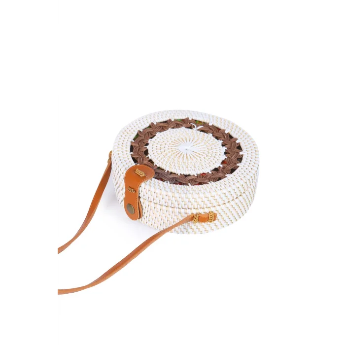 Daisy- Rattan El Yapımı Deri Askılı Hasır Yuvarlak Omuz Çantası Ekru Kahve