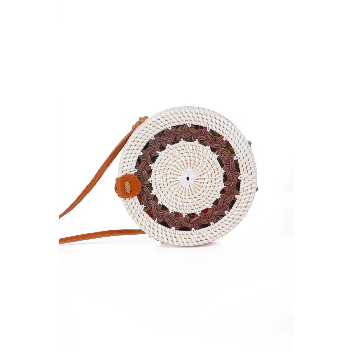 Daisy- Rattan El Yapımı Deri Askılı Hasır Yuvarlak Omuz Çantası Ekru Kahve