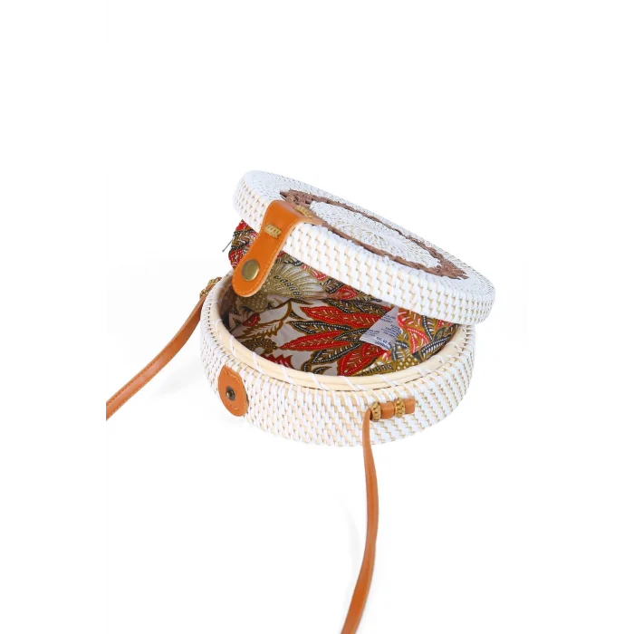 Daisy- Rattan El Yapımı Deri Askılı Hasır Yuvarlak Omuz Çantası Ekru Kahve