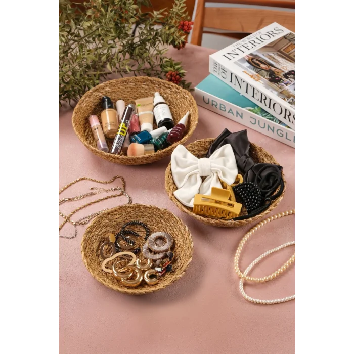 Daniela - Dekoratif Doğal El Yapım Hasır Yuvarlak 3lü Sepet, Havluluk, Ekmek Sepet, Banyo Organizer