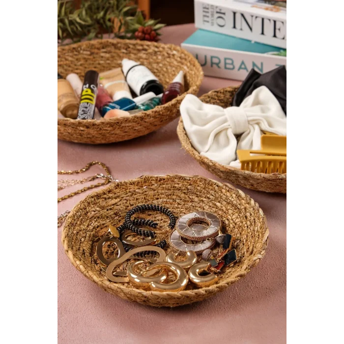 Daniela - Dekoratif Doğal El Yapım Hasır Yuvarlak 3lü Sepet, Havluluk, Ekmek Sepet, Banyo Organizer