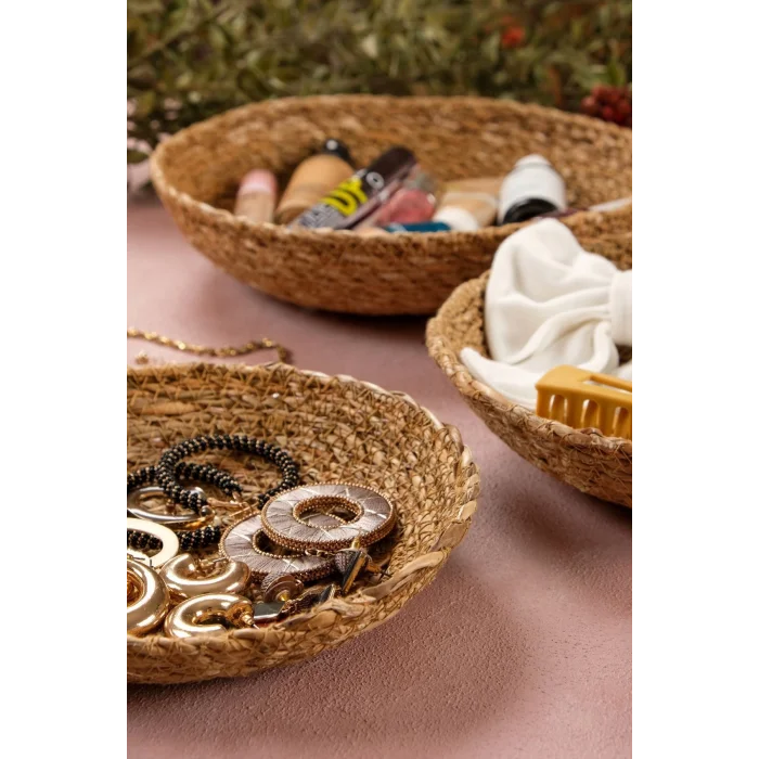 Daniela - Dekoratif Doğal El Yapım Hasır Yuvarlak 3lü Sepet, Havluluk, Ekmek Sepet, Banyo Organizer