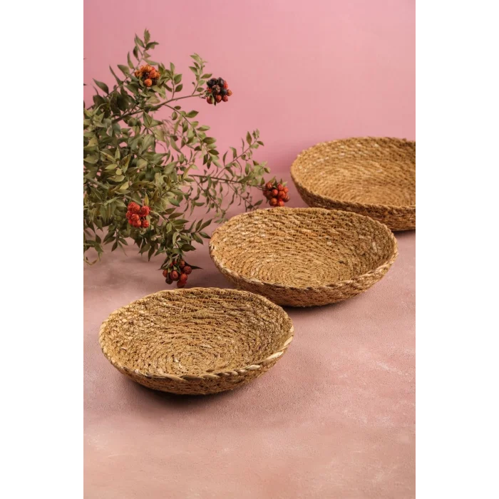 Daniela - Dekoratif Doğal El Yapım Hasır Yuvarlak 3lü Sepet, Havluluk, Ekmek Sepet, Banyo Organizer
