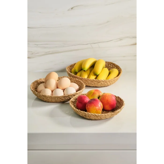 Daniela - Dekoratif Doğal El Yapım Hasır Yuvarlak 3lü Sepet, Havluluk, Ekmek Sepet, Banyo Organizer