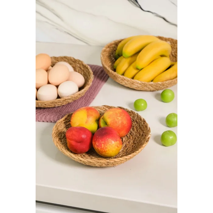 Daniela - Dekoratif Doğal El Yapım Hasır Yuvarlak 3lü Sepet, Havluluk, Ekmek Sepet, Banyo Organizer