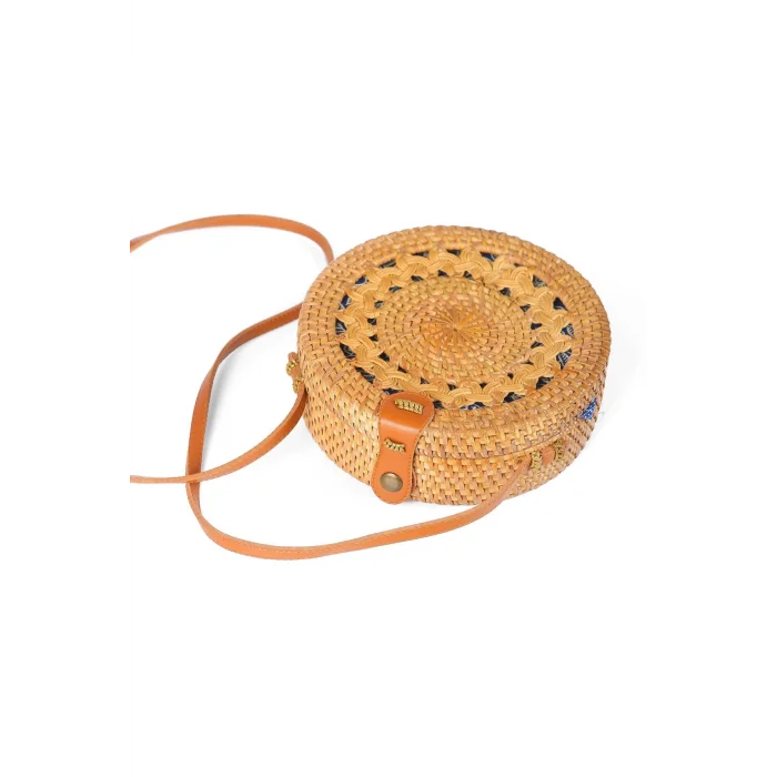 Daisy- Rattan El Yapımı Deri Askılı Hasır Yuvarlak Omuz Çantası