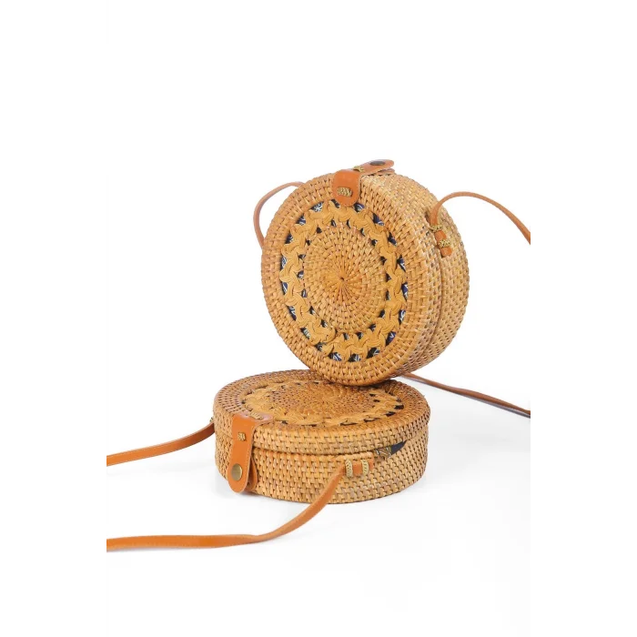 Daisy- Rattan El Yapımı Deri Askılı Hasır Yuvarlak Omuz Çantası